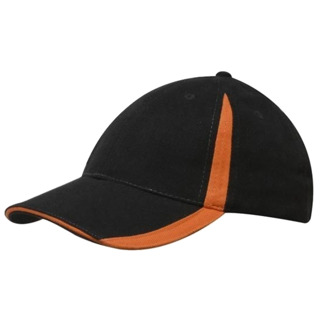 Brushed Heavy Cotton with Inserts on Peak and Crown, Colour: Black/Orange