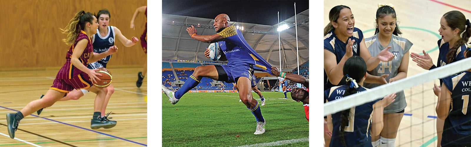 A three-panel collage showing women's sports: a basketball player dribbling a ball in a gym, a rugby player being tackled on a field, and volleyball players celebrating over a net.