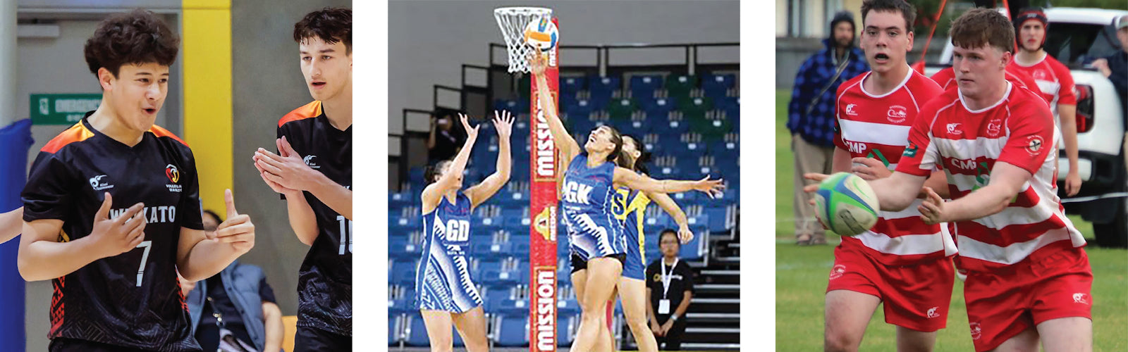 A three-panel collage showing sports scenes: two young men in black athletic uniforms indoors, a netball player scoring in a blue stadium, and two rugby players in red-and-white uniforms running on grass.