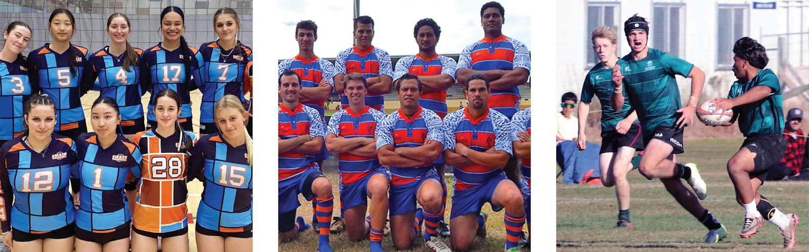 A three-panel collage showing sports teams: a front row photo of a women's volleyball team in blue and white teamwear uniforms, a group photo of a rugby team wearing blue and orange teamwear uniforms, and an action shot of three rugby players in green and black teamwear running on a field.