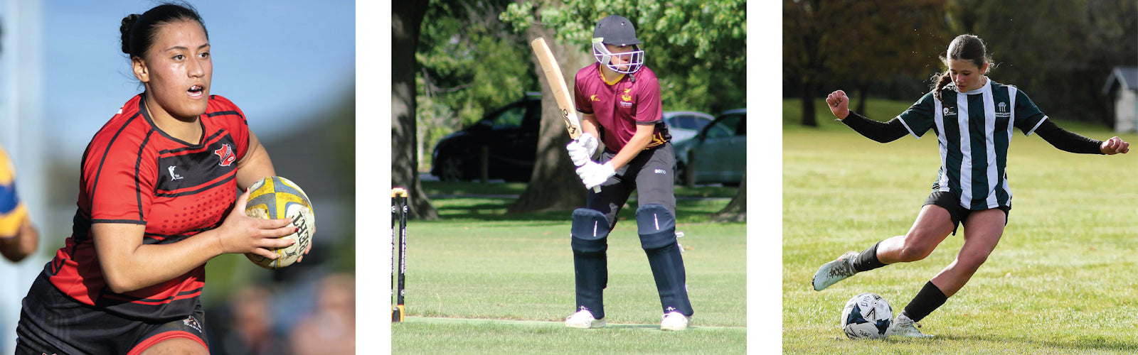 A three-panel collage showing girls playing sports outdoors: a rugby player in a red and black teamwear jersey holding a ball, a cricket player with a bat, and a soccer player in a black-and-white striped jersey kicking a ball on grass.