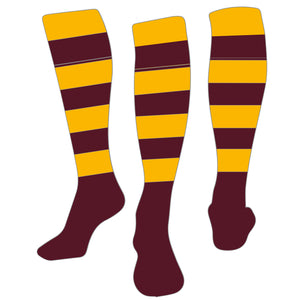 Gold/Maroon Hooped Rugby Socks - CLEARANCE SPECIAL, Size: XL (adults 11-13)