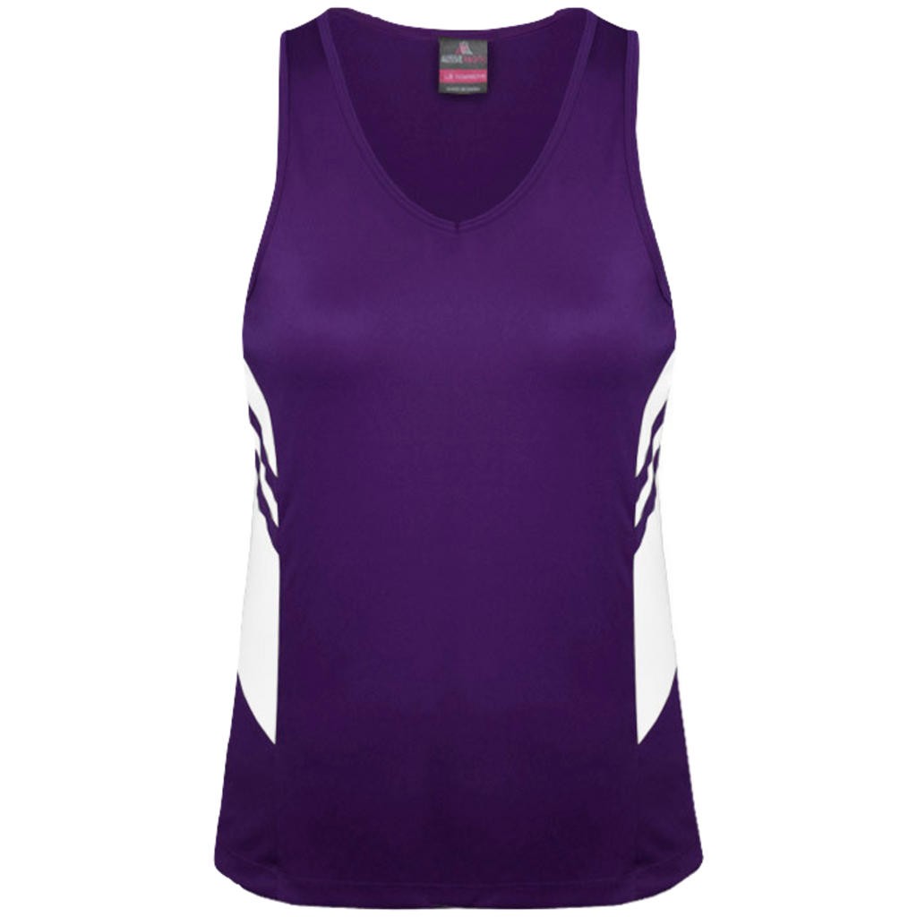 Womens Tasman Singlet, Colour: Purple/White